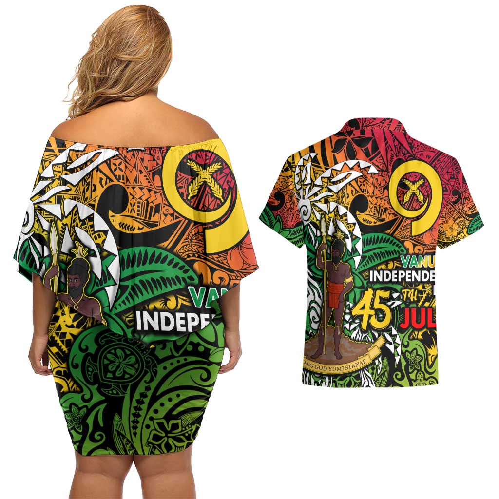 Personalized Vanuatu 45th Independence Anniversary Couples Matching Off Shoulder Short Dress and Hawaiian Shirt Melanesian Pattern Reggae - Polynesian Pride