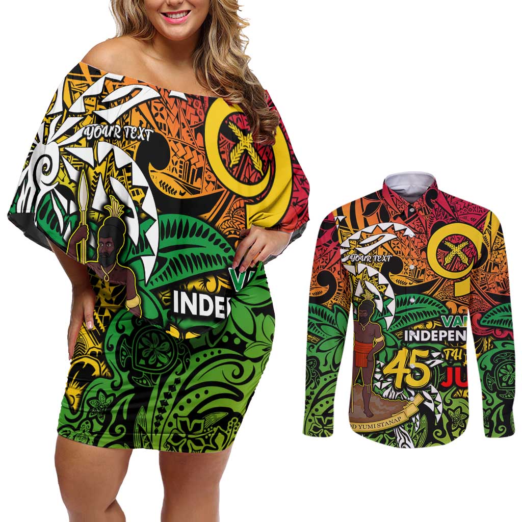 Personalized Vanuatu 45th Independence Anniversary Couples Matching Off Shoulder Short Dress and Long Sleeve Button Shirt Melanesian Pattern Reggae - Polynesian Pride