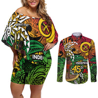 Personalized Vanuatu 45th Independence Anniversary Couples Matching Off Shoulder Short Dress and Long Sleeve Button Shirt Melanesian Pattern Reggae - Polynesian Pride