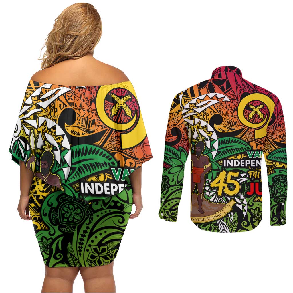 Personalized Vanuatu 45th Independence Anniversary Couples Matching Off Shoulder Short Dress and Long Sleeve Button Shirt Melanesian Pattern Reggae - Polynesian Pride