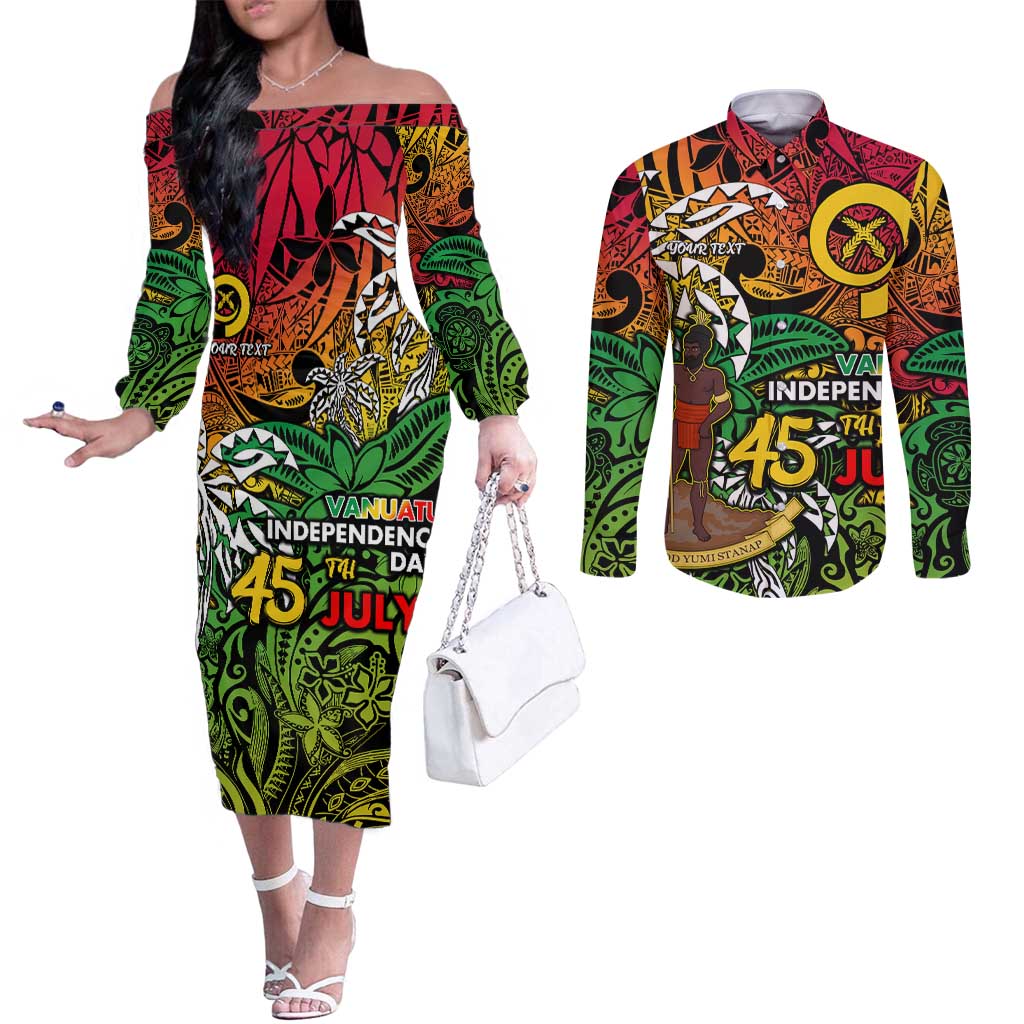 Personalized Vanuatu 45th Independence Anniversary Couples Matching Off The Shoulder Long Sleeve Dress and Long Sleeve Button Shirt Melanesian Pattern Reggae - Polynesian Pride