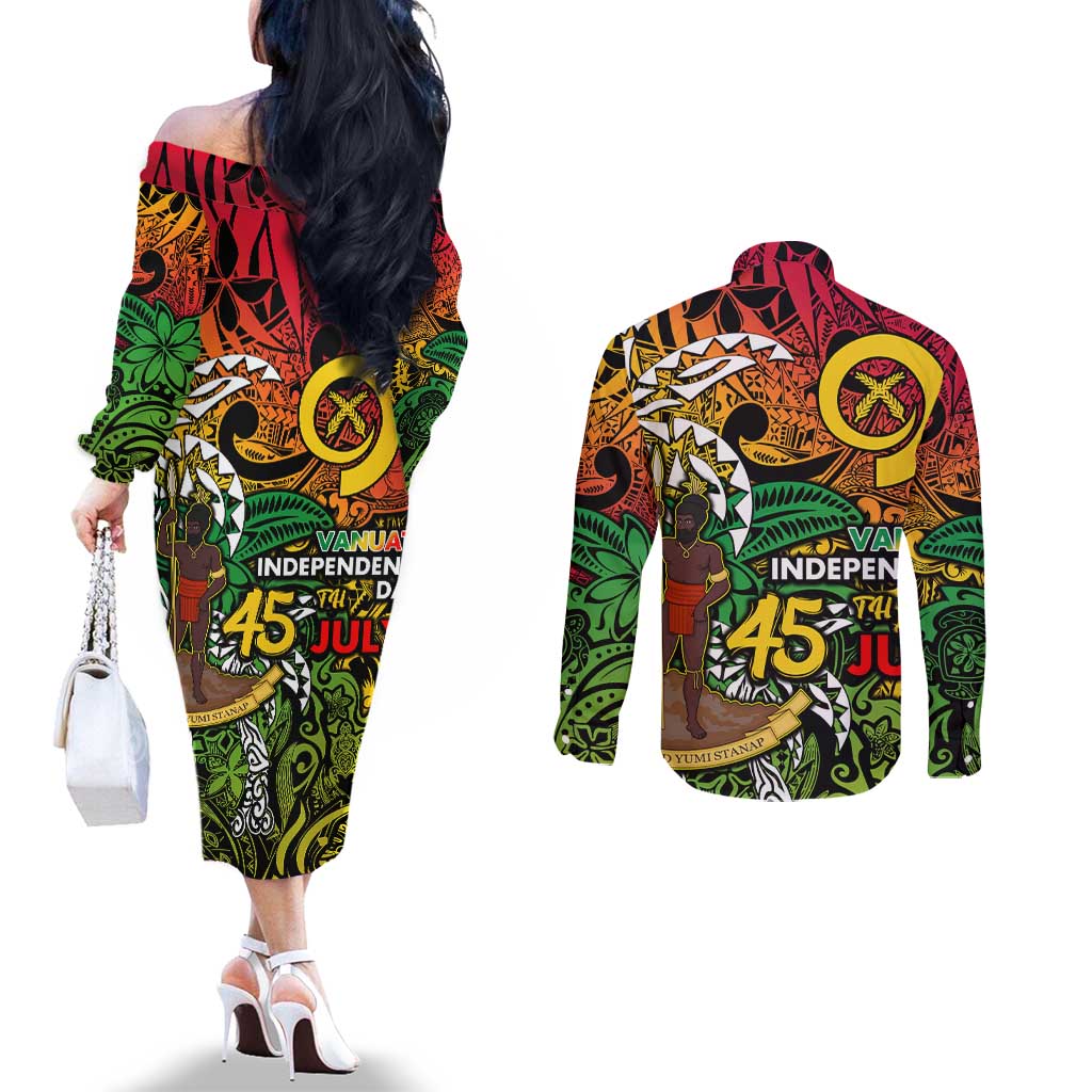 Personalized Vanuatu 45th Independence Anniversary Couples Matching Off The Shoulder Long Sleeve Dress and Long Sleeve Button Shirt Melanesian Pattern Reggae - Polynesian Pride