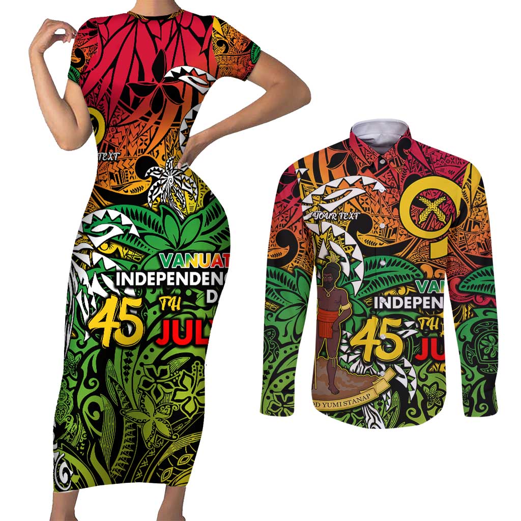 Personalized Vanuatu 45th Independence Anniversary Couples Matching Short Sleeve Bodycon Dress and Long Sleeve Button Shirt Melanesian Pattern Reggae - Polynesian Pride