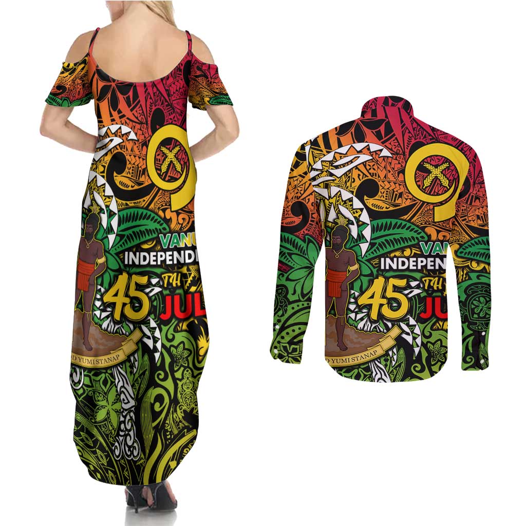 Personalized Vanuatu 45th Independence Anniversary Couples Matching Summer Maxi Dress and Long Sleeve Button Shirt Melanesian Pattern Reggae - Polynesian Pride