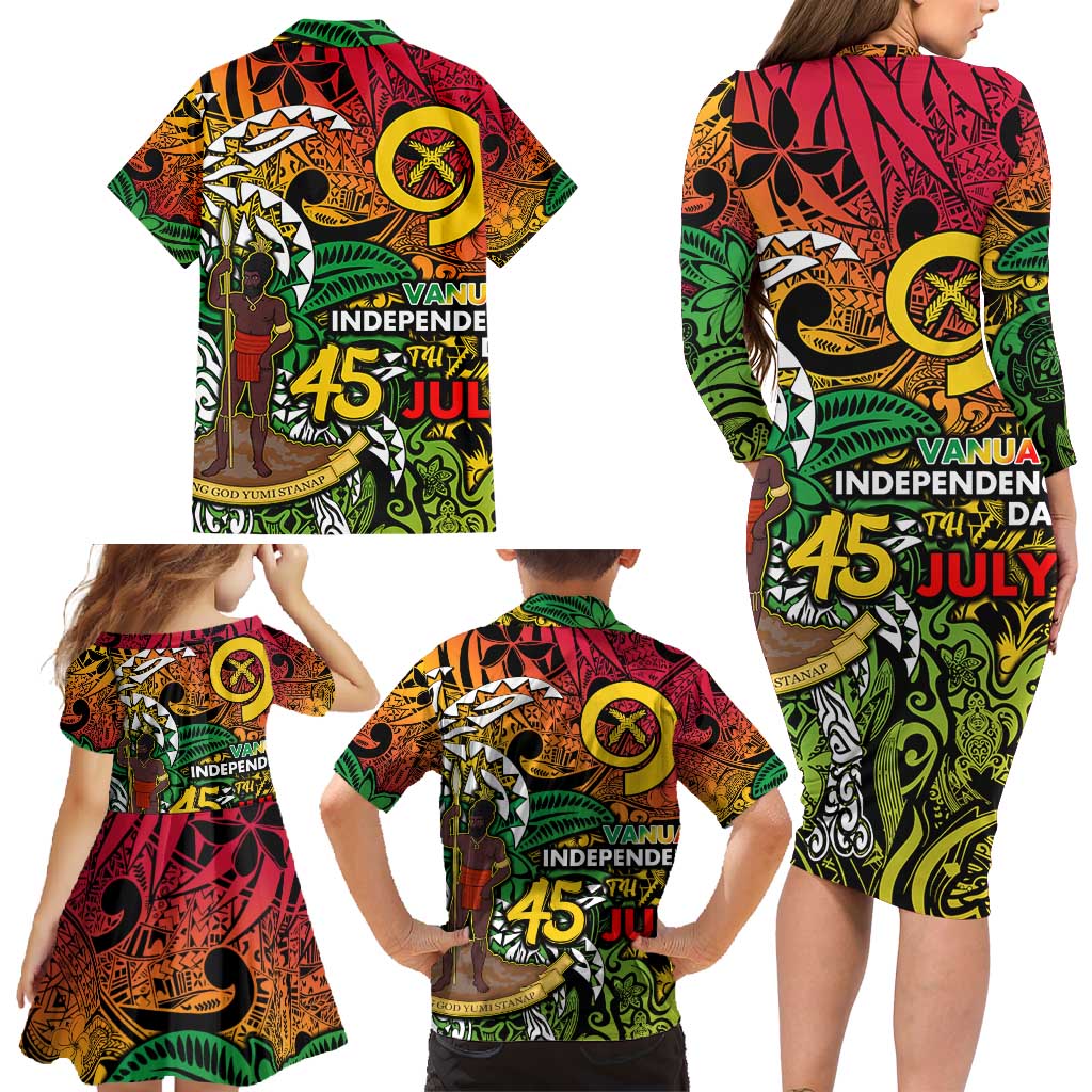 Personalized Vanuatu 45th Independence Anniversary Family Matching Long Sleeve Bodycon Dress and Hawaiian Shirt Melanesian Pattern Reggae - Polynesian Pride