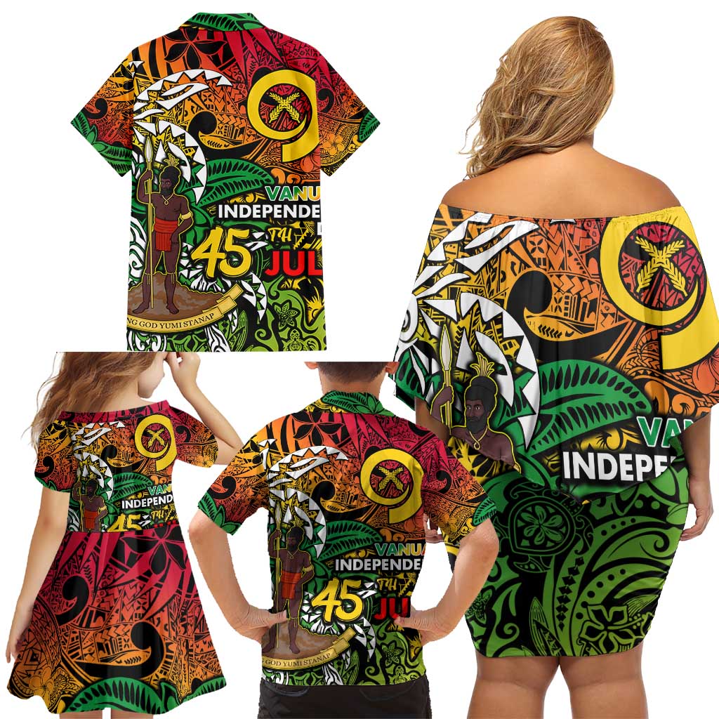 Personalized Vanuatu 45th Independence Anniversary Family Matching Off Shoulder Short Dress and Hawaiian Shirt Melanesian Pattern Reggae - Polynesian Pride