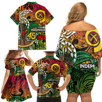 Personalized Vanuatu 45th Independence Anniversary Family Matching Off Shoulder Short Dress and Hawaiian Shirt Melanesian Pattern Reggae - Polynesian Pride