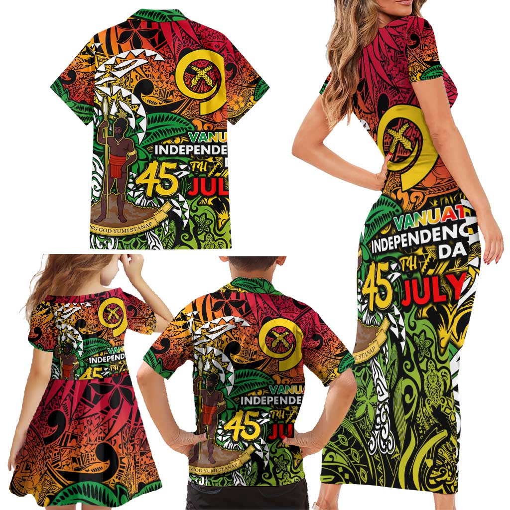 Personalized Vanuatu 45th Independence Anniversary Family Matching Short Sleeve Bodycon Dress and Hawaiian Shirt Melanesian Pattern Reggae - Polynesian Pride