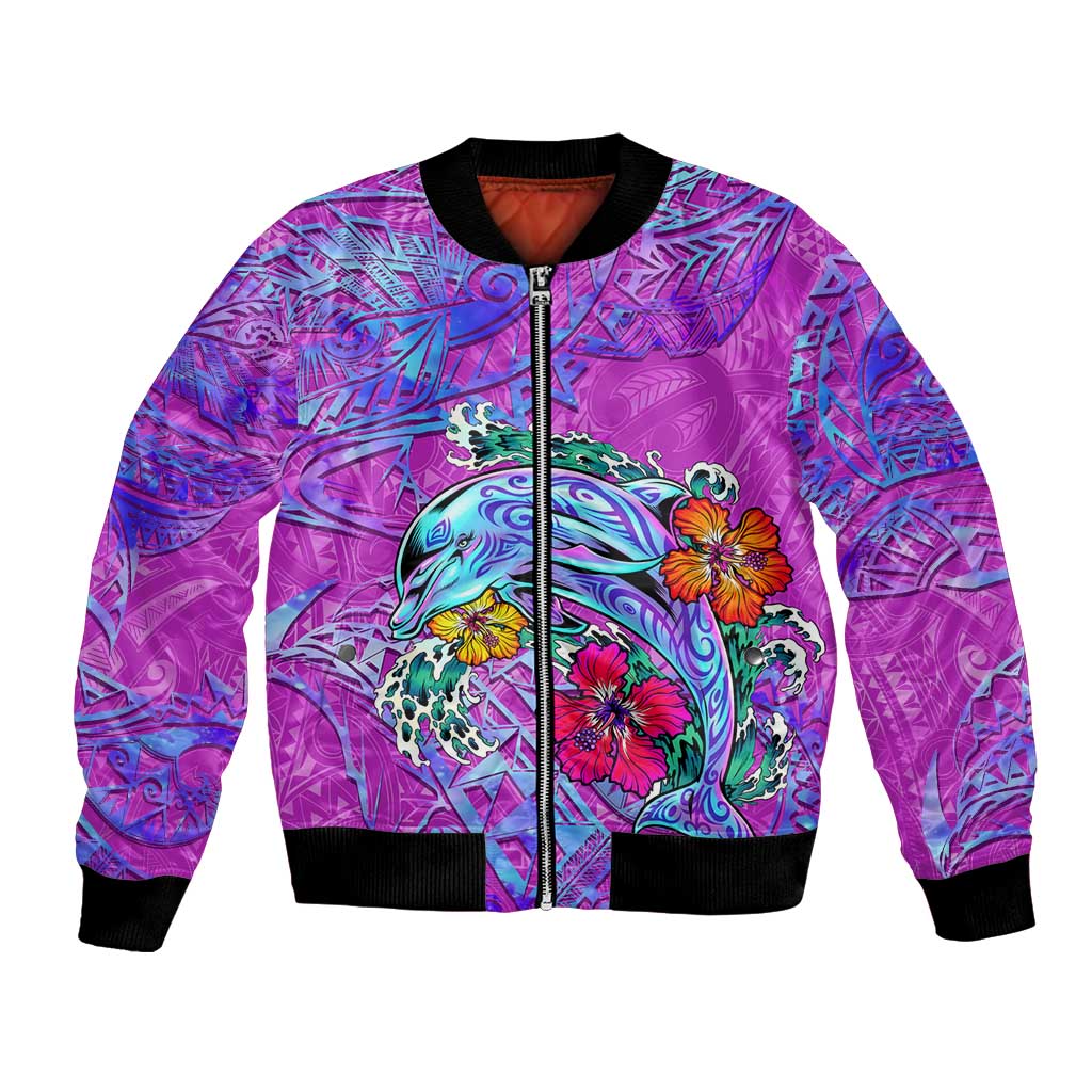 Dolphin Polynesia Bomber Jacket Hibiscus Tropical Wave - Purple Vibes DT02 Unisex Purple - Polynesian Pride