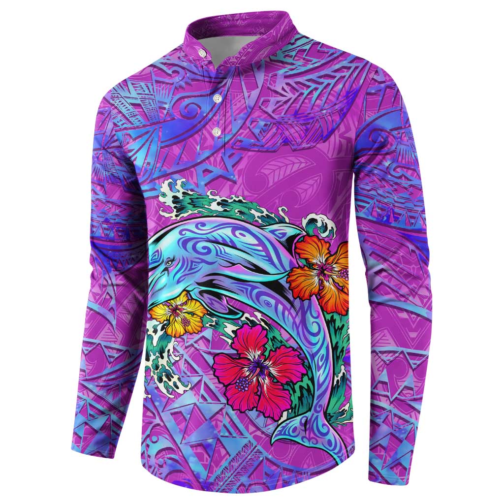 Dolphin Polynesia Button Sweatshirt Hibiscus Tropical Wave - Purple Vibes DT02 - Polynesian Pride