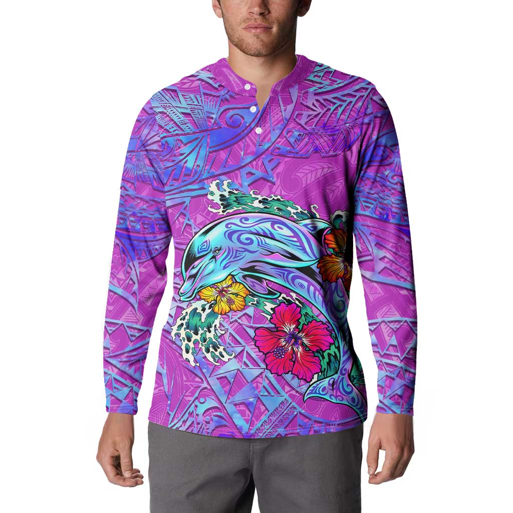 Dolphin Polynesia Button Sweatshirt Hibiscus Tropical Wave - Purple Vibes DT02 - Polynesian Pride