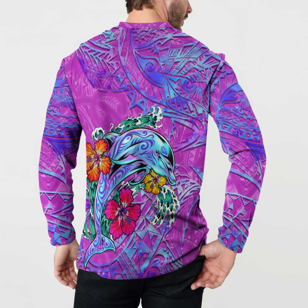 Dolphin Polynesia Button Sweatshirt Hibiscus Tropical Wave - Purple Vibes DT02 - Polynesian Pride