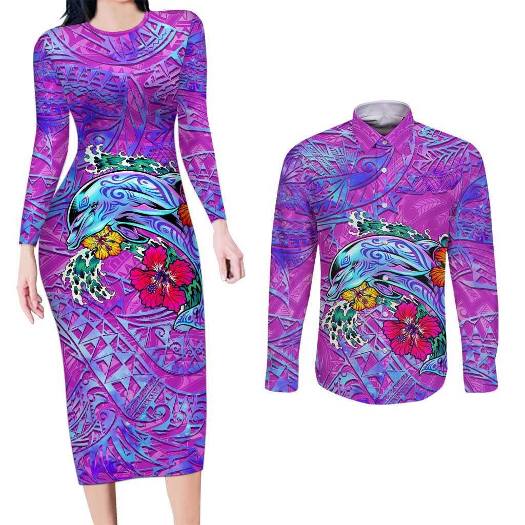 Personalized Dolphin Polynesia Couples Matching Long Sleeve Bodycon Dress and Long Sleeve Button Shirt Hibiscus Tropical Wave - Purple Vibes