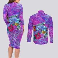 Personalized Dolphin Polynesia Couples Matching Long Sleeve Bodycon Dress and Long Sleeve Button Shirt Hibiscus Tropical Wave - Purple Vibes