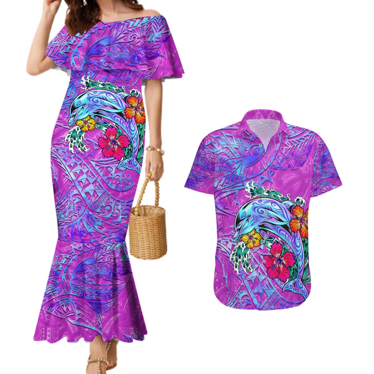 Dolphin Polynesia Couples Matching Mermaid Dress and Hawaiian Shirt Hibiscus Tropical Wave - Purple Vibes DT02 Purple - Polynesian Pride
