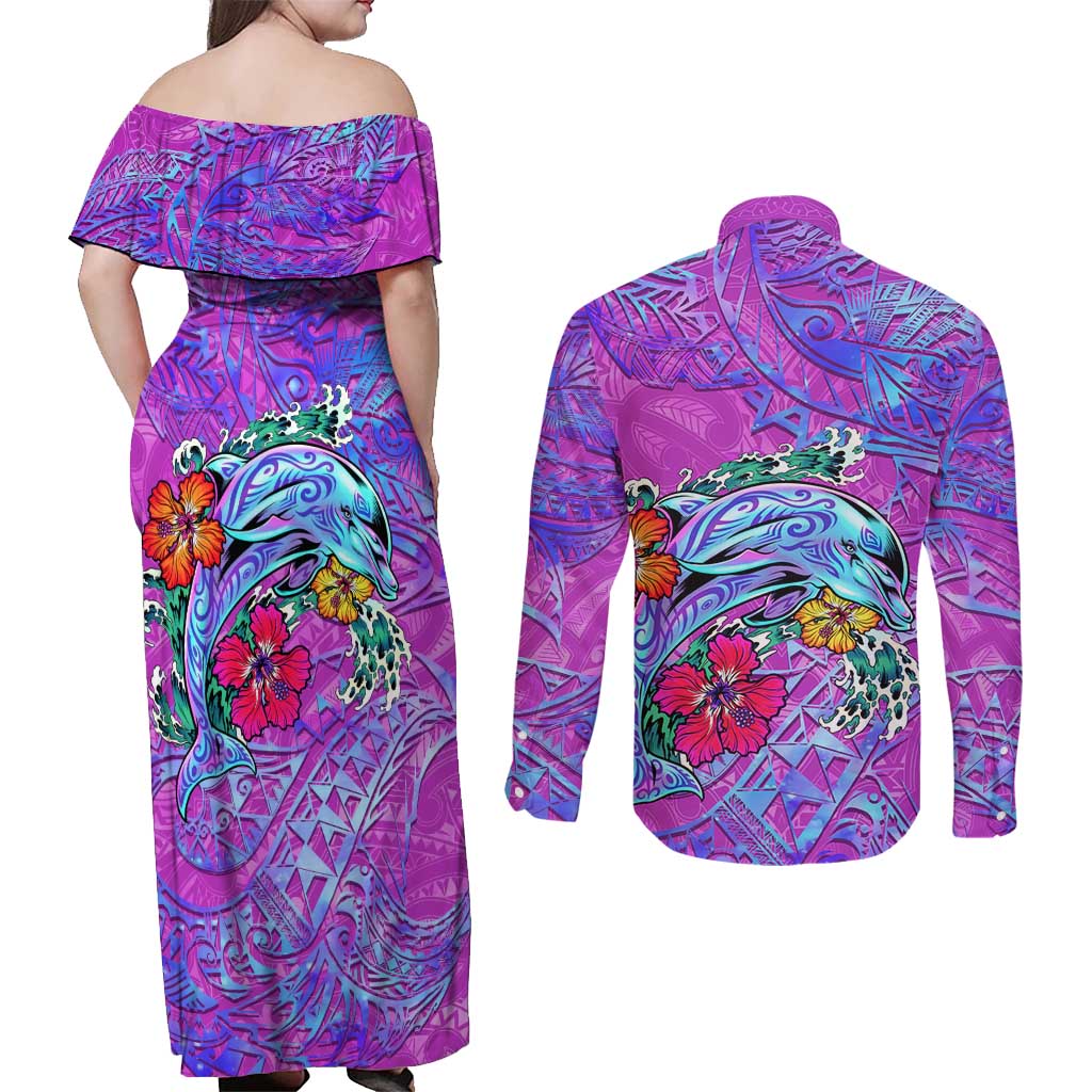 Personalized Dolphin Polynesia Couples Matching Off Shoulder Maxi Dress and Long Sleeve Button Shirt Hibiscus Tropical Wave - Purple Vibes