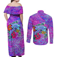 Personalized Dolphin Polynesia Couples Matching Off Shoulder Maxi Dress and Long Sleeve Button Shirt Hibiscus Tropical Wave - Purple Vibes