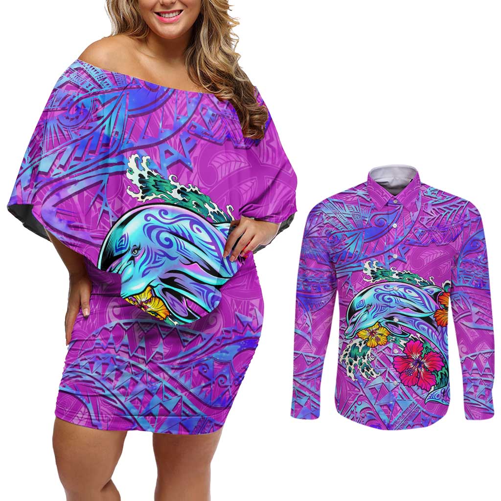 Dolphin Polynesia Couples Matching Off Shoulder Short Dress and Long Sleeve Button Shirt Hibiscus Tropical Wave - Purple Vibes DT02 Purple - Polynesian Pride