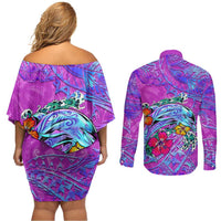 Personalized Dolphin Polynesia Couples Matching Off Shoulder Short Dress and Long Sleeve Button Shirt Hibiscus Tropical Wave - Purple Vibes