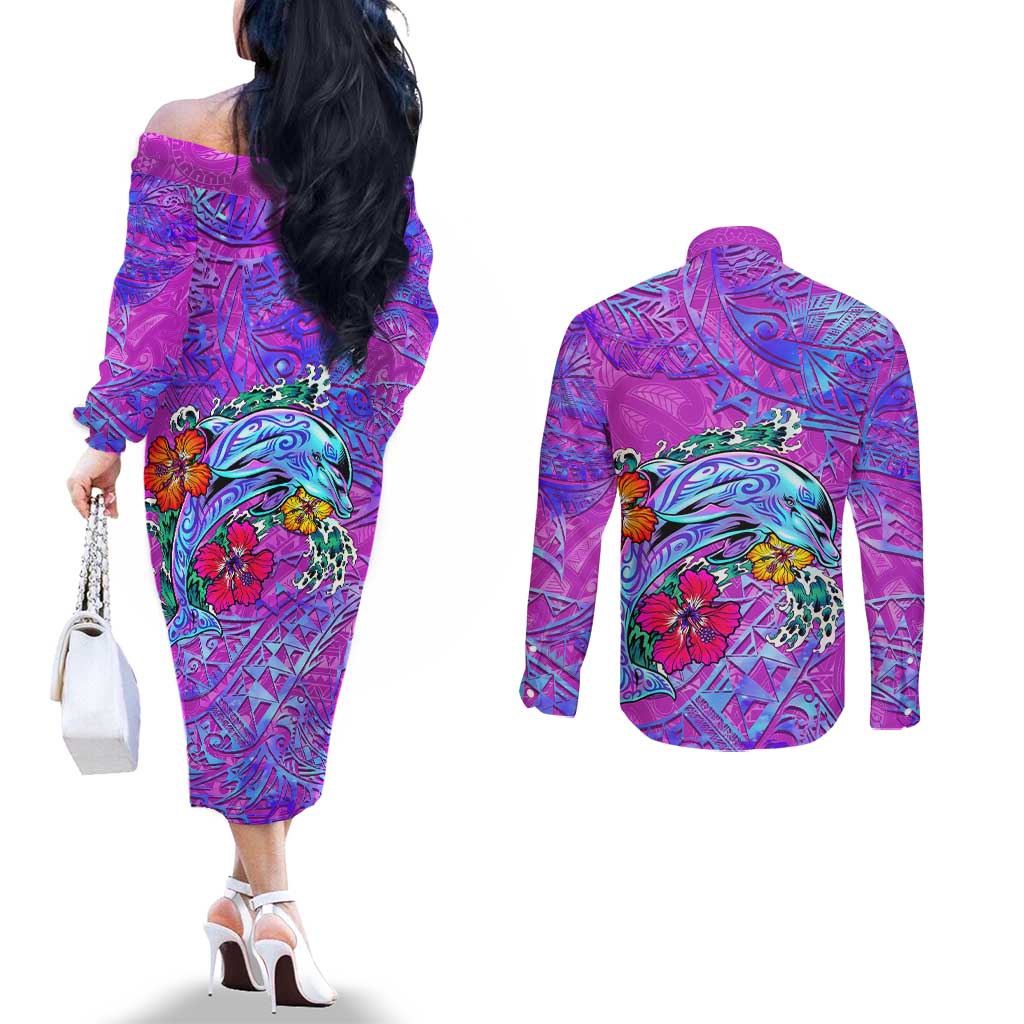Personalized Dolphin Polynesia Couples Matching Off The Shoulder Long Sleeve Dress and Long Sleeve Button Shirt Hibiscus Tropical Wave - Purple Vibes