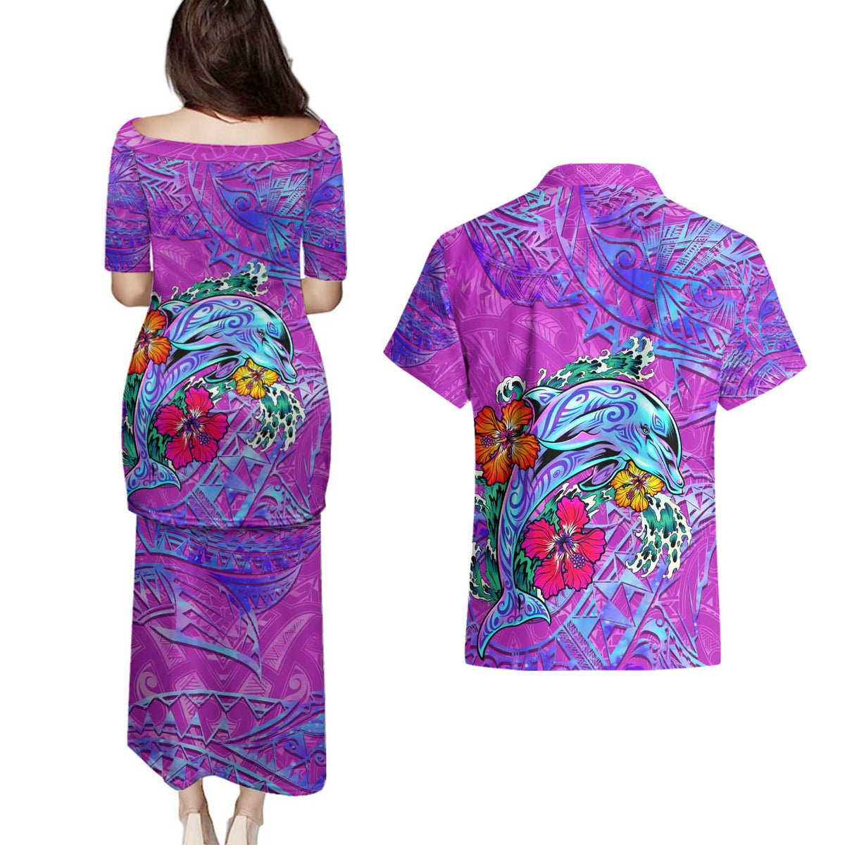 Dolphin Polynesia Couples Matching Puletasi and Hawaiian Shirt Hibiscus Tropical Wave - Purple Vibes DT02 - Polynesian Pride