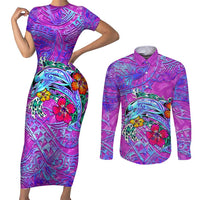 Personalized Dolphin Polynesia Couples Matching Short Sleeve Bodycon Dress and Long Sleeve Button Shirt Hibiscus Tropical Wave - Purple Vibes
