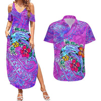 Dolphin Polynesia Couples Matching Summer Maxi Dress and Hawaiian Shirt Hibiscus Tropical Wave - Purple Vibes DT02 Purple - Polynesian Pride