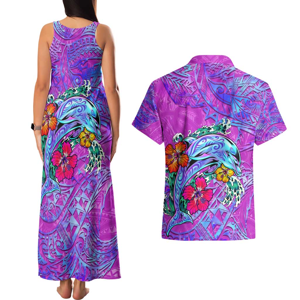 Dolphin Polynesia Couples Matching Tank Maxi Dress and Hawaiian Shirt Hibiscus Tropical Wave - Purple Vibes DT02 - Polynesian Pride
