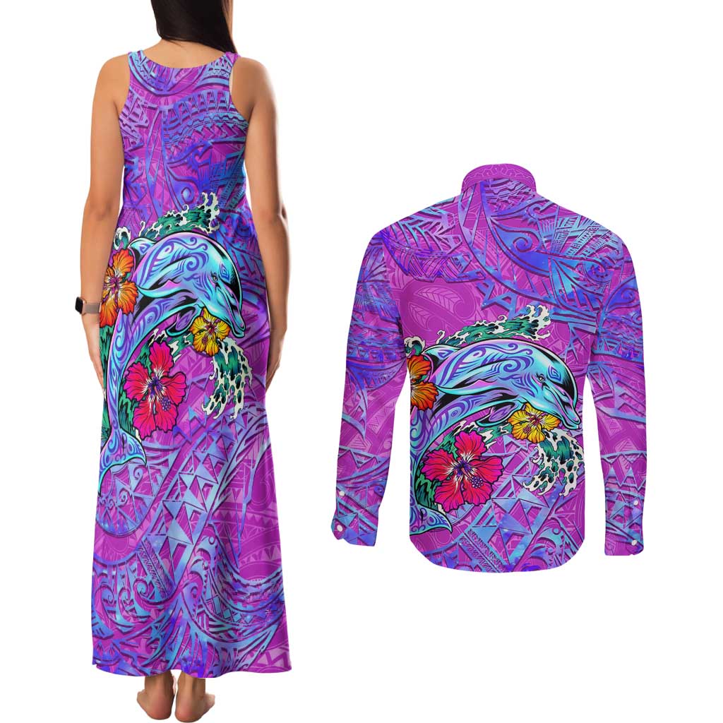 Personalized Dolphin Polynesia Couples Matching Tank Maxi Dress and Long Sleeve Button Shirt Hibiscus Tropical Wave - Purple Vibes