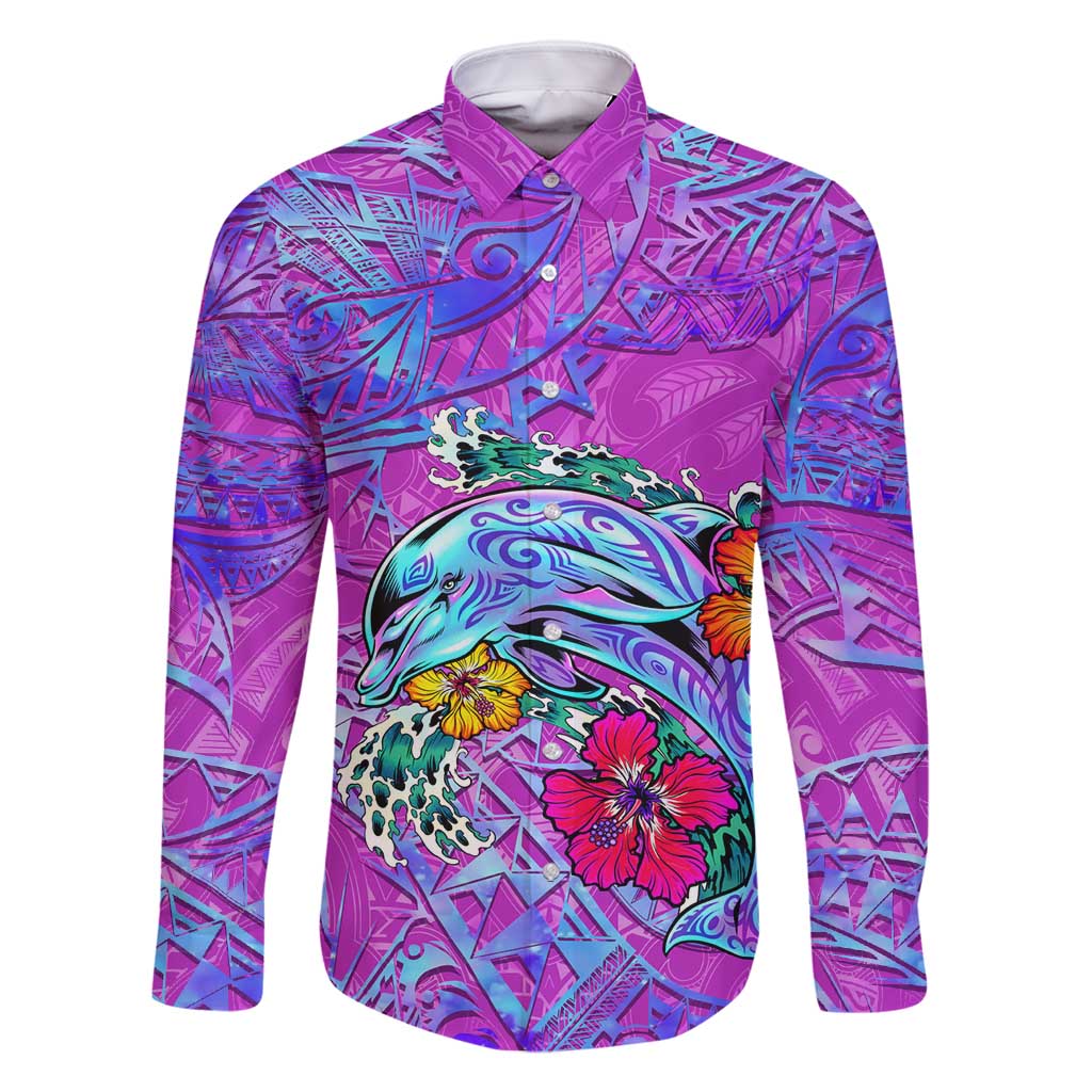 Dolphin Polynesia Family Matching Mermaid Dress and Hawaiian Shirt Hibiscus Tropical Wave - Purple Vibes DT02 Dad's Shirt - Long Sleeve Purple - Polynesian Pride