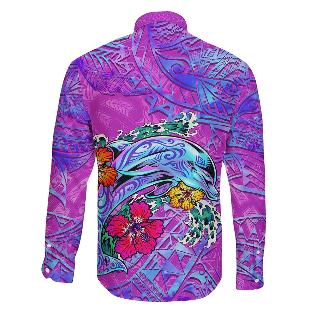Dolphin Polynesia Family Matching Mermaid Dress and Hawaiian Shirt Hibiscus Tropical Wave - Purple Vibes DT02 - Polynesian Pride