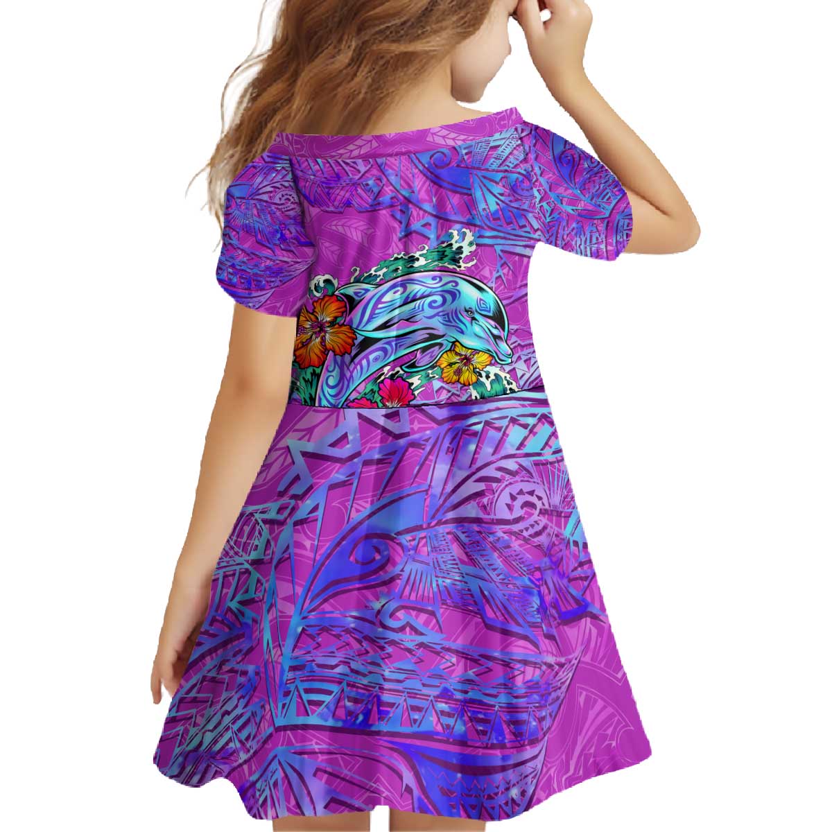 Dolphin Polynesia Family Matching Off The Shoulder Long Sleeve Dress and Hawaiian Shirt Hibiscus Tropical Wave - Purple Vibes DT02 - Polynesian Pride