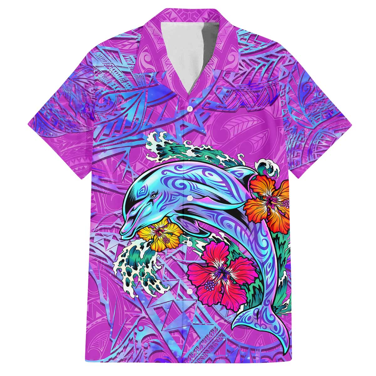 Dolphin Polynesia Family Matching Off The Shoulder Long Sleeve Dress and Hawaiian Shirt Hibiscus Tropical Wave - Purple Vibes DT02 Dad's Shirt - Short Sleeve Purple - Polynesian Pride