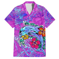 Dolphin Polynesia Family Matching Off The Shoulder Long Sleeve Dress and Hawaiian Shirt Hibiscus Tropical Wave - Purple Vibes DT02 Dad's Shirt - Short Sleeve Purple - Polynesian Pride