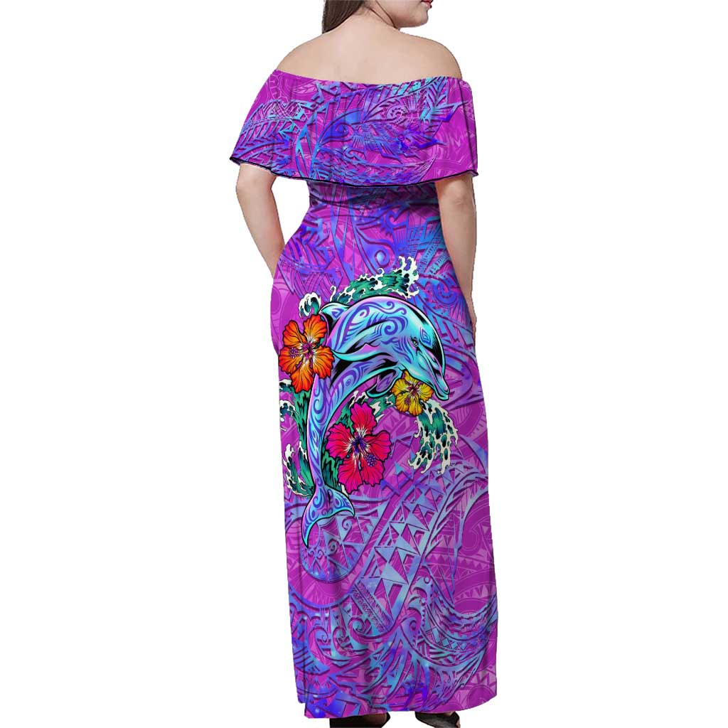 Personalized Dolphin Polynesia Family Matching Off Shoulder Maxi Dress and Hawaiian Shirt Hibiscus Tropical Wave - Purple Vibes