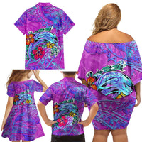 Personalized Dolphin Polynesia Family Matching Off Shoulder Short Dress and Hawaiian Shirt Hibiscus Tropical Wave - Purple Vibes