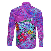 Personalized Dolphin Polynesia Family Matching Off Shoulder Short Dress and Hawaiian Shirt Hibiscus Tropical Wave - Purple Vibes