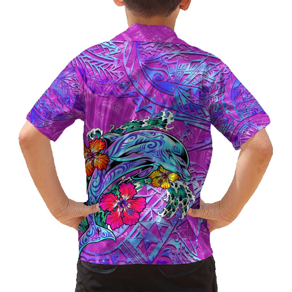 Dolphin Polynesia Family Matching Tank Maxi Dress and Hawaiian Shirt Hibiscus Tropical Wave - Purple Vibes DT02 - Polynesian Pride