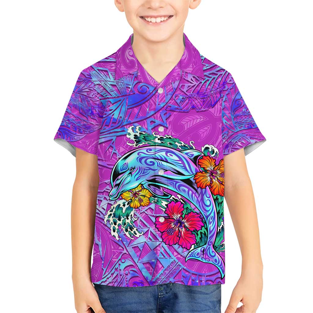 Dolphin Polynesia Family Matching Tank Maxi Dress and Hawaiian Shirt Hibiscus Tropical Wave - Purple Vibes DT02 Son's Shirt Purple - Polynesian Pride