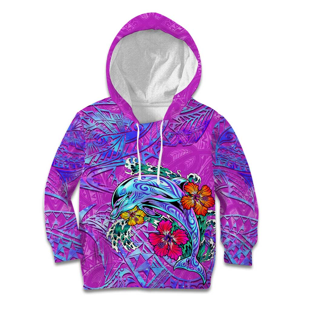 Personalized Dolphin Polynesia Kid Hoodie Hibiscus Tropical Wave - Purple Vibes