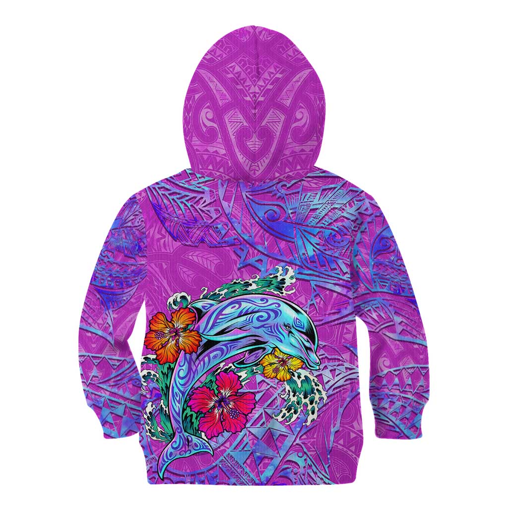 Personalized Dolphin Polynesia Kid Hoodie Hibiscus Tropical Wave - Purple Vibes