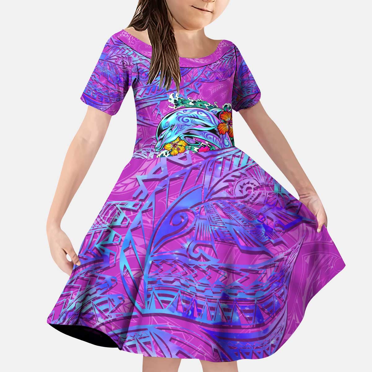 Dolphin Polynesia Kid Short Sleeve Dress Hibiscus Tropical Wave - Purple Vibes DT02 KID Purple - Polynesian Pride