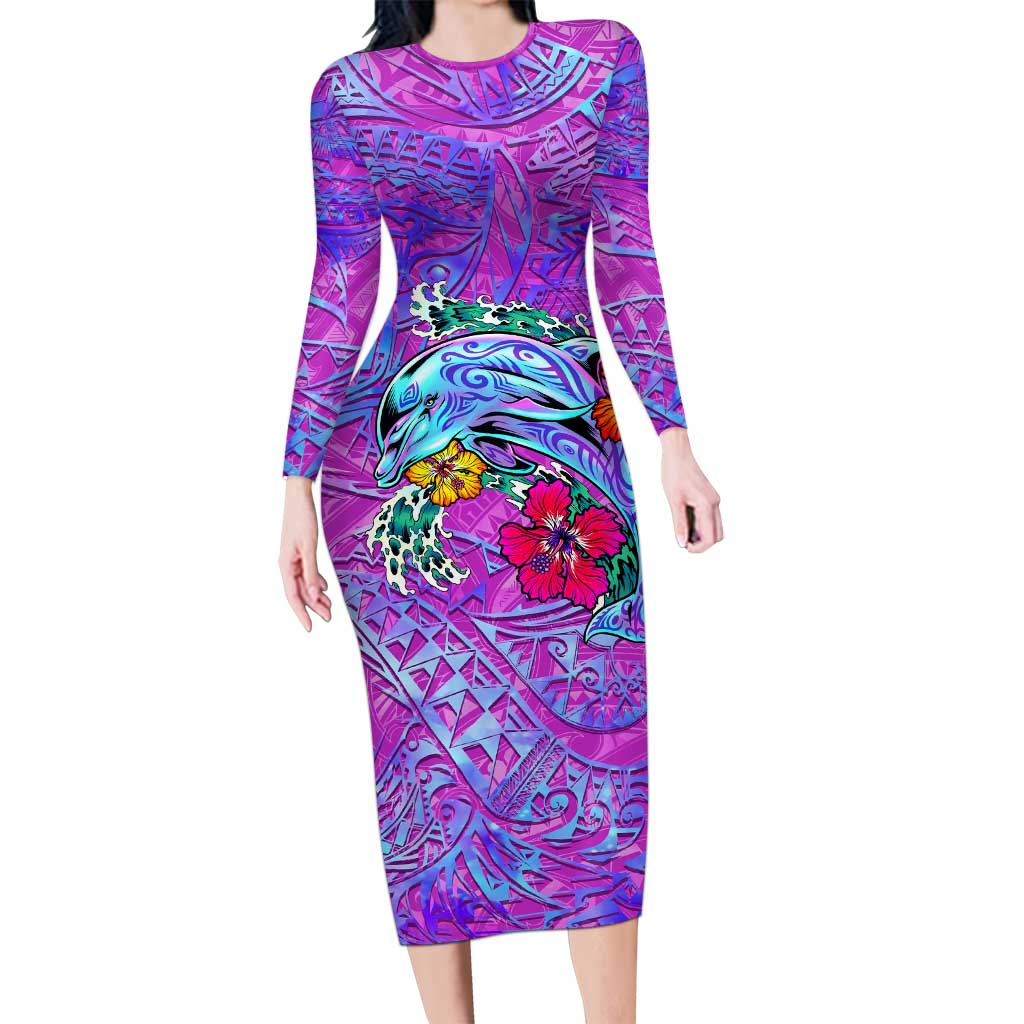 Dolphin Polynesia Long Sleeve Bodycon Dress Hibiscus Tropical Wave - Purple Vibes DT02 Long Dress Purple - Polynesian Pride