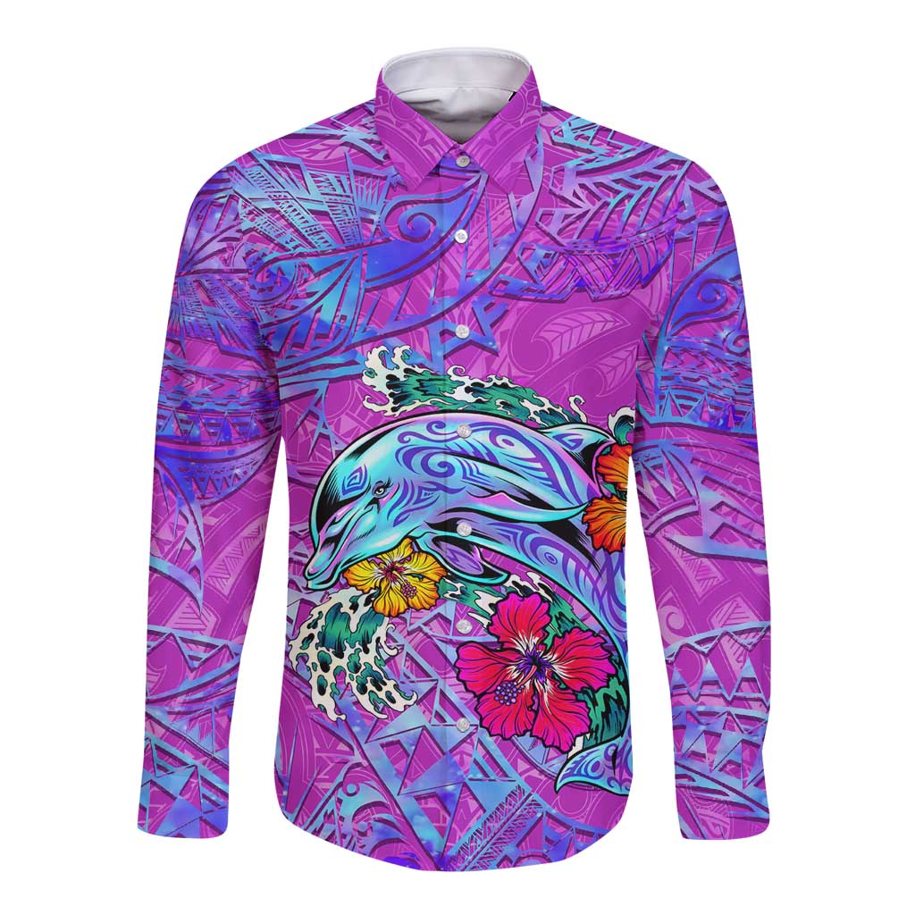 Dolphin Polynesia Long Sleeve Button Shirt Hibiscus Tropical Wave - Purple Vibes DT02 Unisex Purple - Polynesian Pride