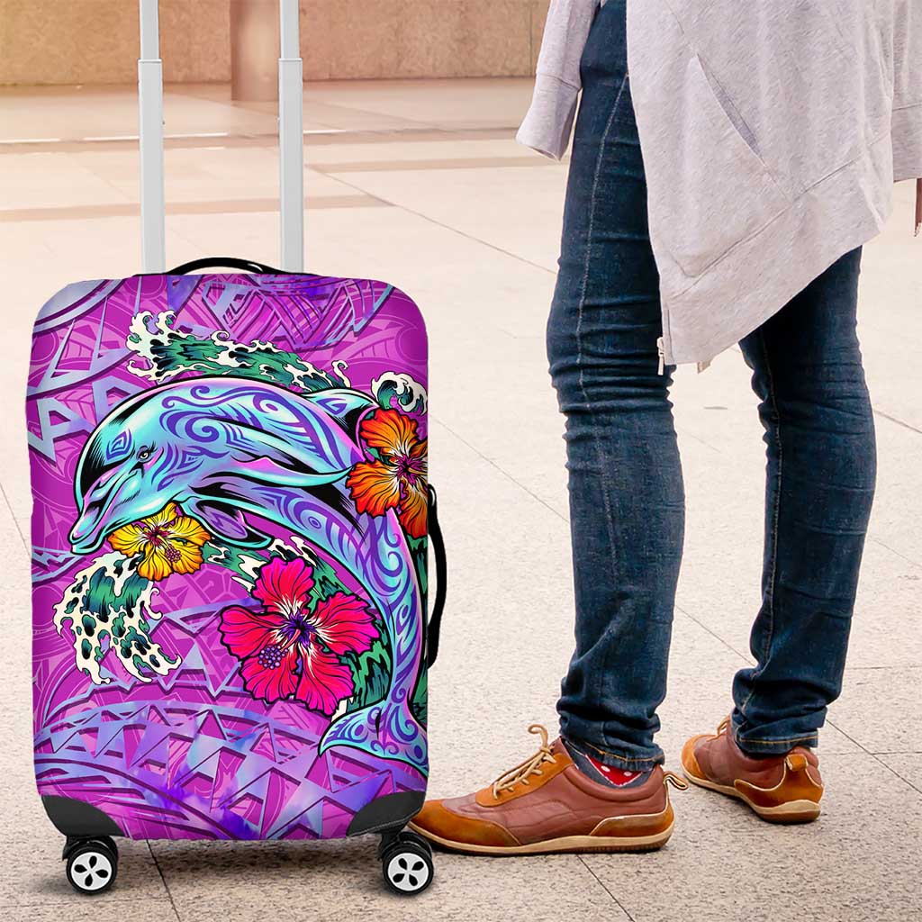 Dolphin Polynesia Luggage Cover Hibiscus Tropical Wave - Purple Vibes DT02 Purple - Polynesian Pride