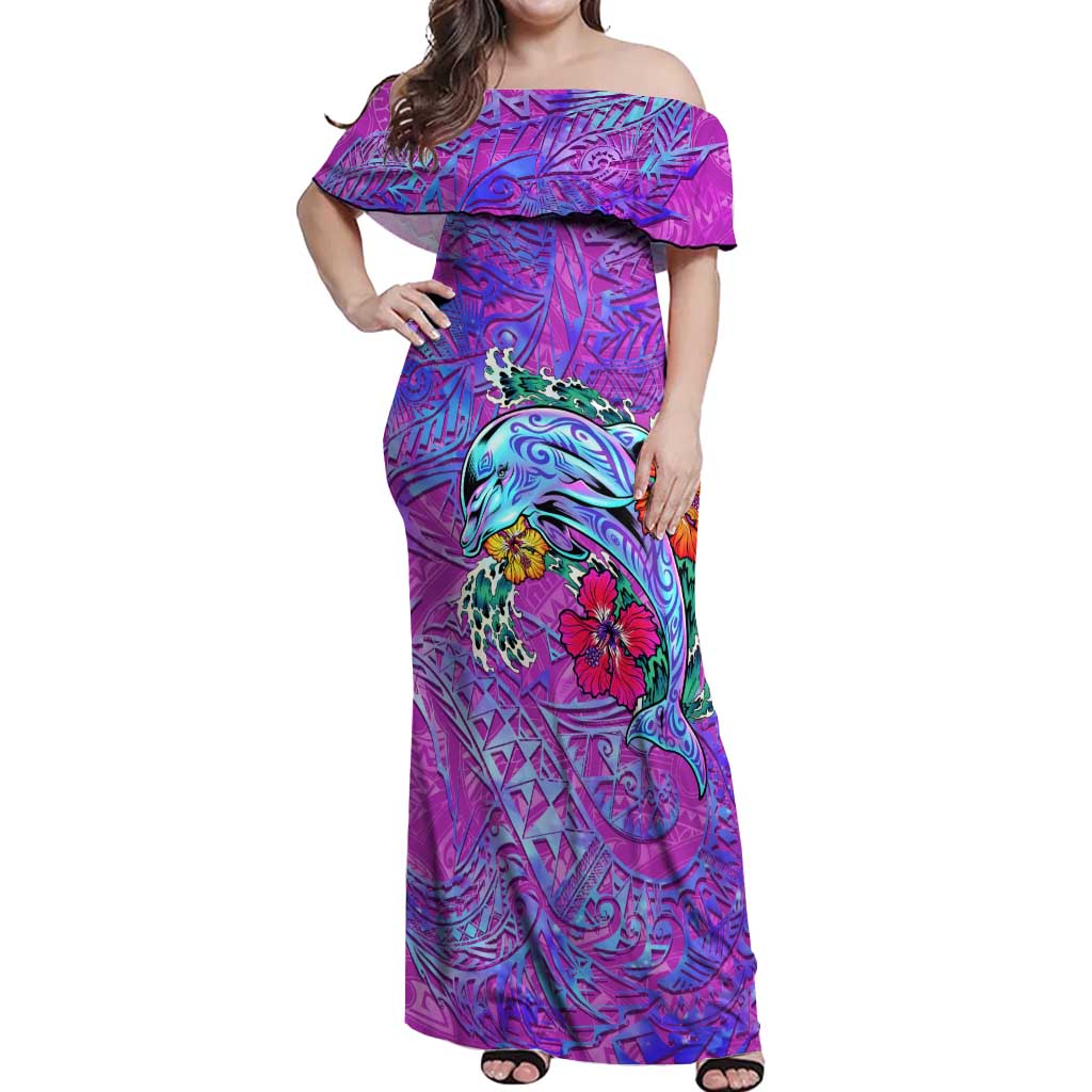 Personalized Dolphin Polynesia Off Shoulder Maxi Dress Hibiscus Tropical Wave - Purple Vibes
