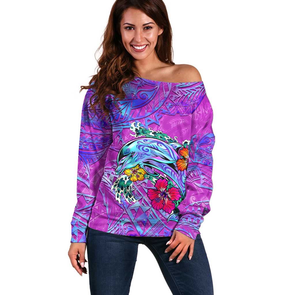 Dolphin Polynesia Off Shoulder Sweater Hibiscus Tropical Wave - Purple Vibes DT02 Women Purple - Polynesian Pride
