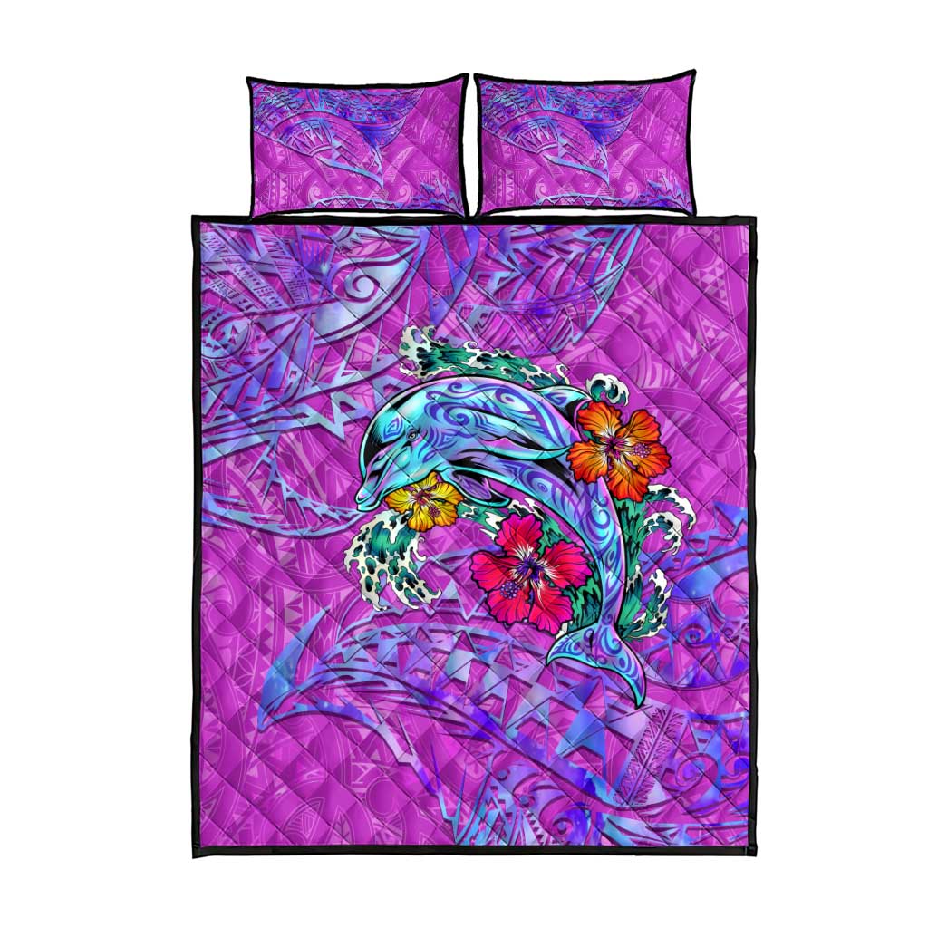 Dolphin Polynesia Quilt Bed Set Hibiscus Tropical Wave - Purple Vibes