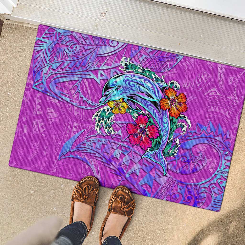 Dolphin Polynesia Rubber Doormat Hibiscus Tropical Wave - Purple Vibes