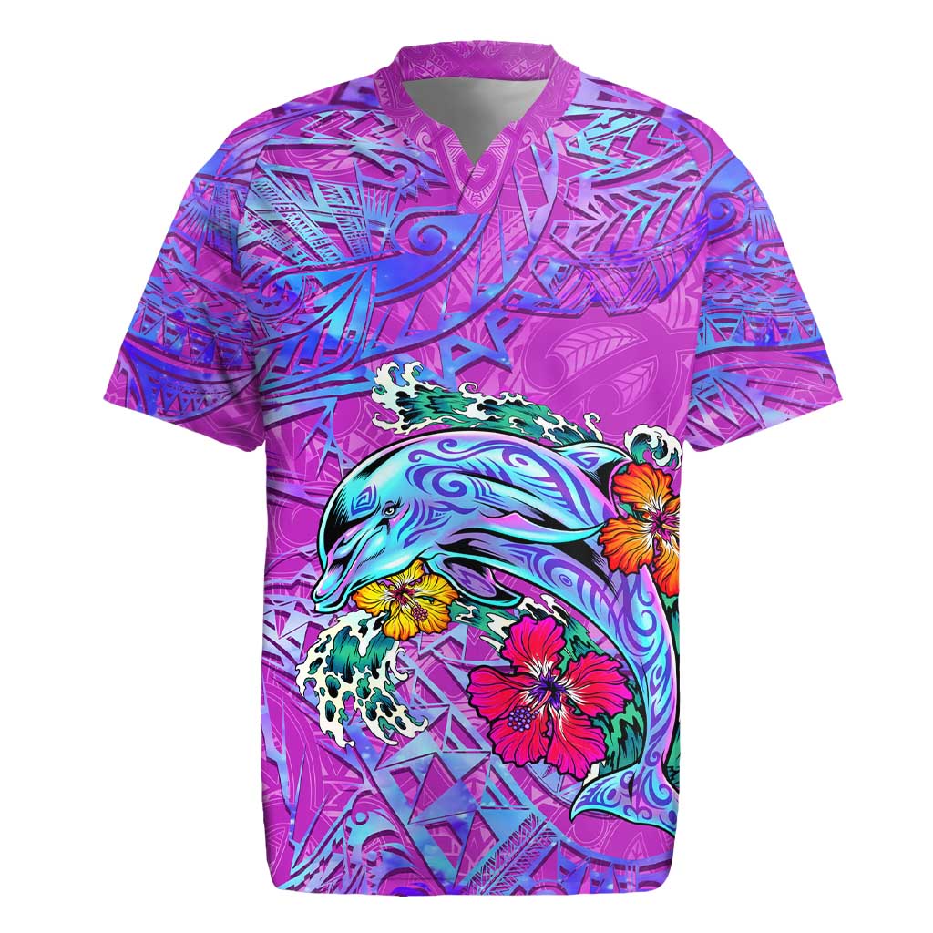 Personalized Dolphin Polynesia Rugby Jersey Hibiscus Tropical Wave - Purple Vibes